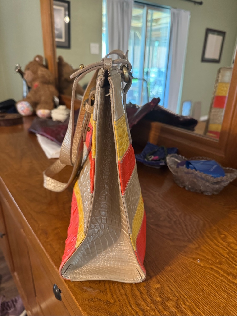 Brahmin Croc-Embossed Striped Bag in Red, Yellow & Taupe - Picture 7 of 11